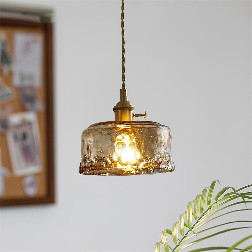 Bursztynowa lampa wisząca ze szkła | Vintage designerska lampa sufitowa z mosiądzu E27 do salonu i jadalni