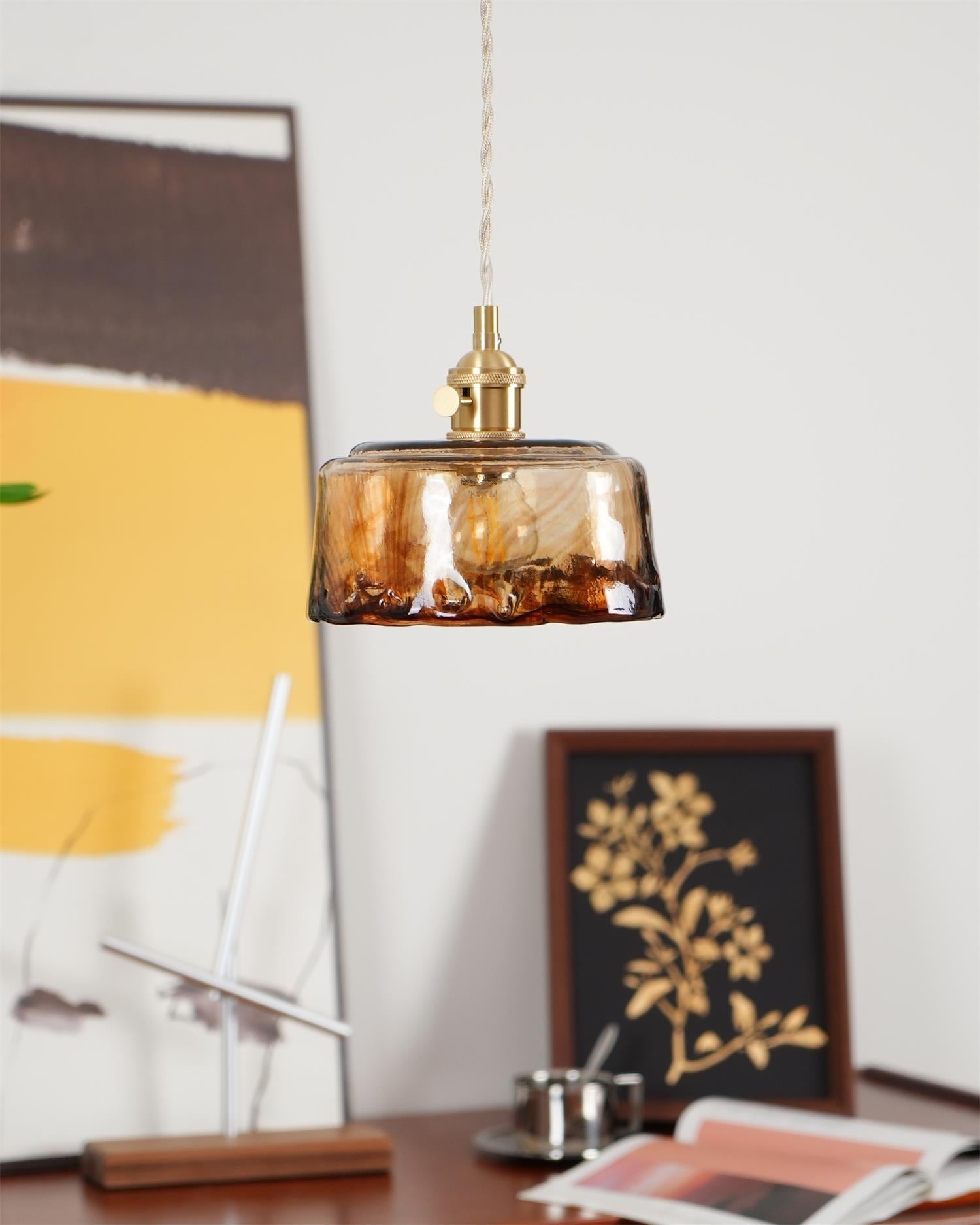 Bursztynowa lampa wisząca ze szkła | Vintage designerska lampa sufitowa z mosiądzu E27 do salonu i jadalni