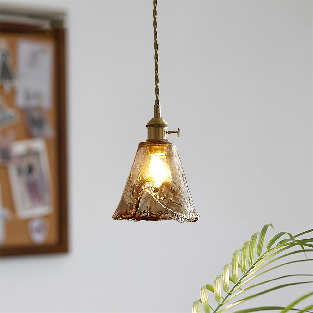 Bursztynowa lampa wisząca ze szkła | Vintage designerska lampa sufitowa z mosiądzu E27 do salonu i jadalni