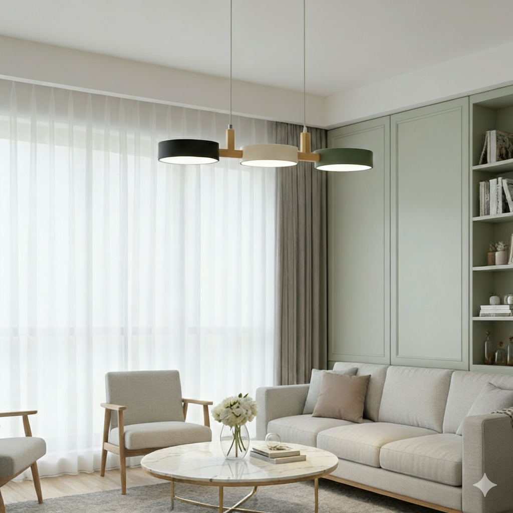 Wielopunktowa lampa wisząca LED | Designerska lampa sufitowa z drewna i metalu do kuchni oraz jadalni