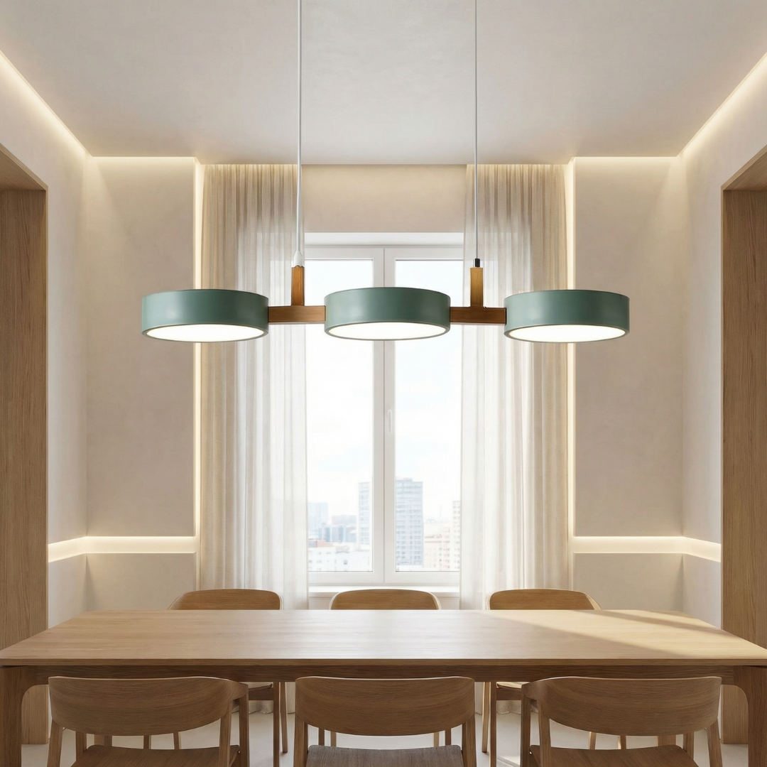 Wielopunktowa lampa wisząca LED | Designerska lampa sufitowa z drewna i metalu do kuchni oraz jadalni