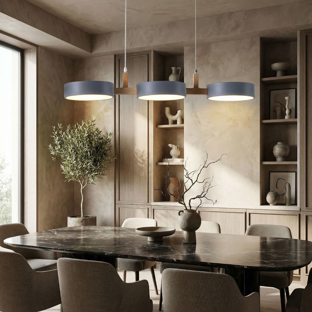 Wielopunktowa lampa wisząca LED | Designerska lampa sufitowa z drewna i metalu do kuchni oraz jadalni