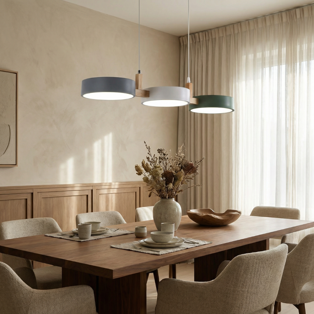 Wielopunktowa lampa wisząca LED | Designerska lampa sufitowa z drewna i metalu do kuchni oraz jadalni