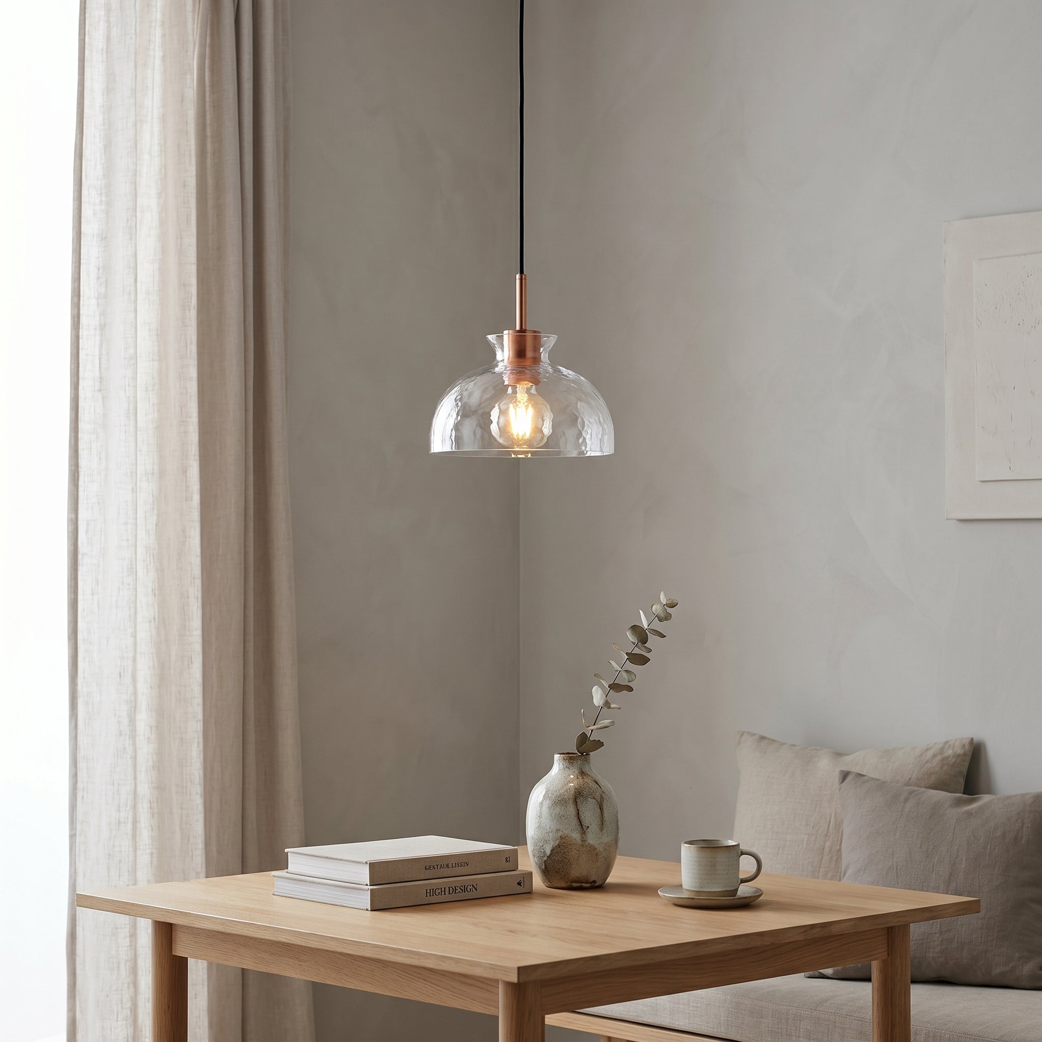 Szklana lampa wisząca Lumen Vale | Designerska lampa sufitowa z ręcznie dmuchanego szkła i drewna do kuchni oraz jadalni