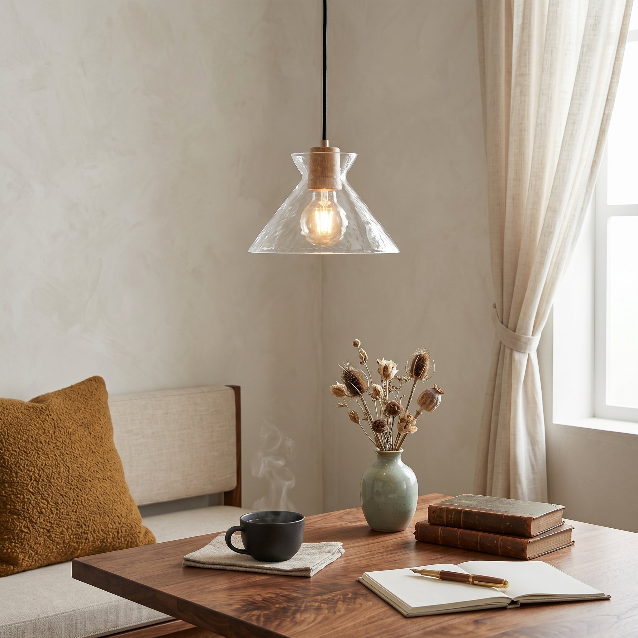 Szklana lampa wisząca Lumen Vale | Designerska lampa sufitowa z ręcznie dmuchanego szkła i drewna do kuchni oraz jadalni