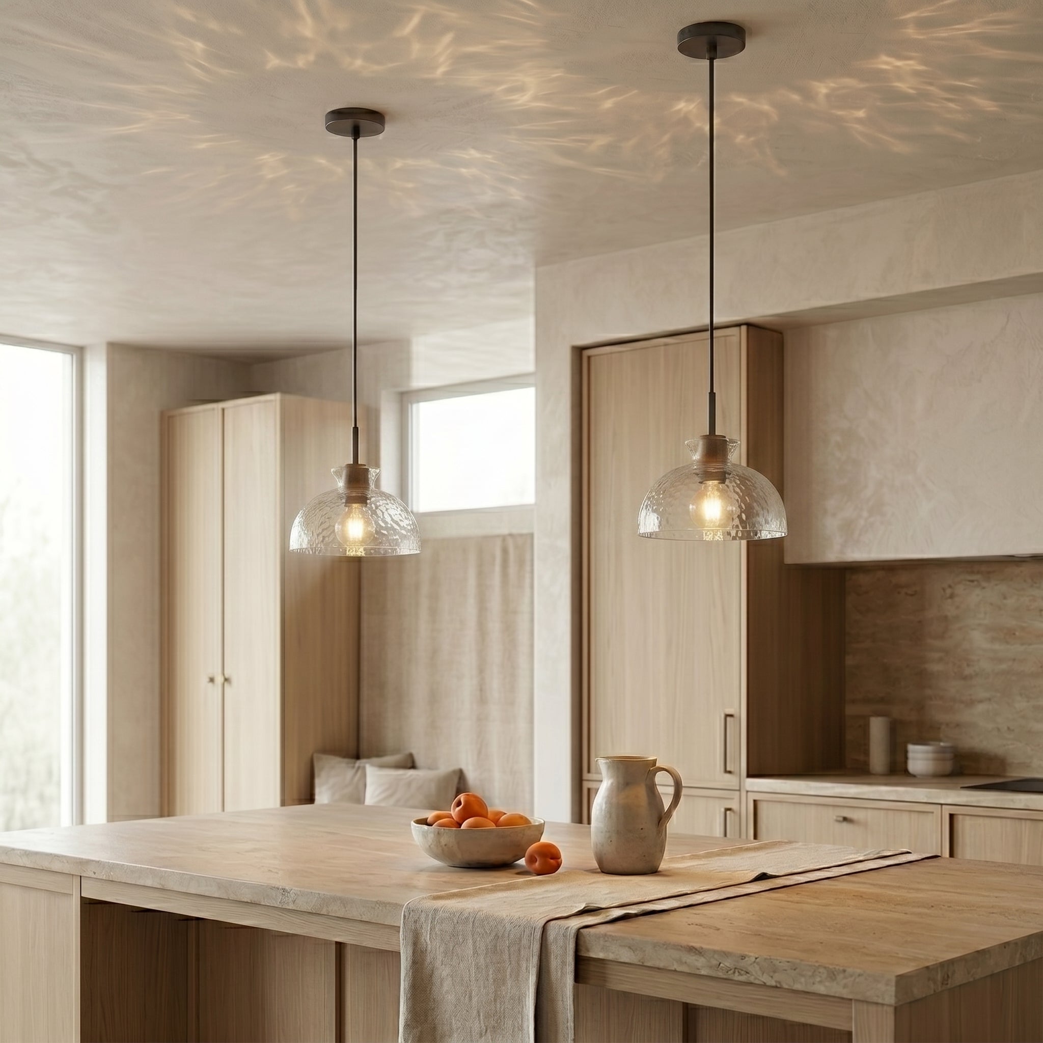 Szklana lampa wisząca Lumen Vale | Designerska lampa sufitowa z ręcznie dmuchanego szkła i drewna do kuchni oraz jadalni