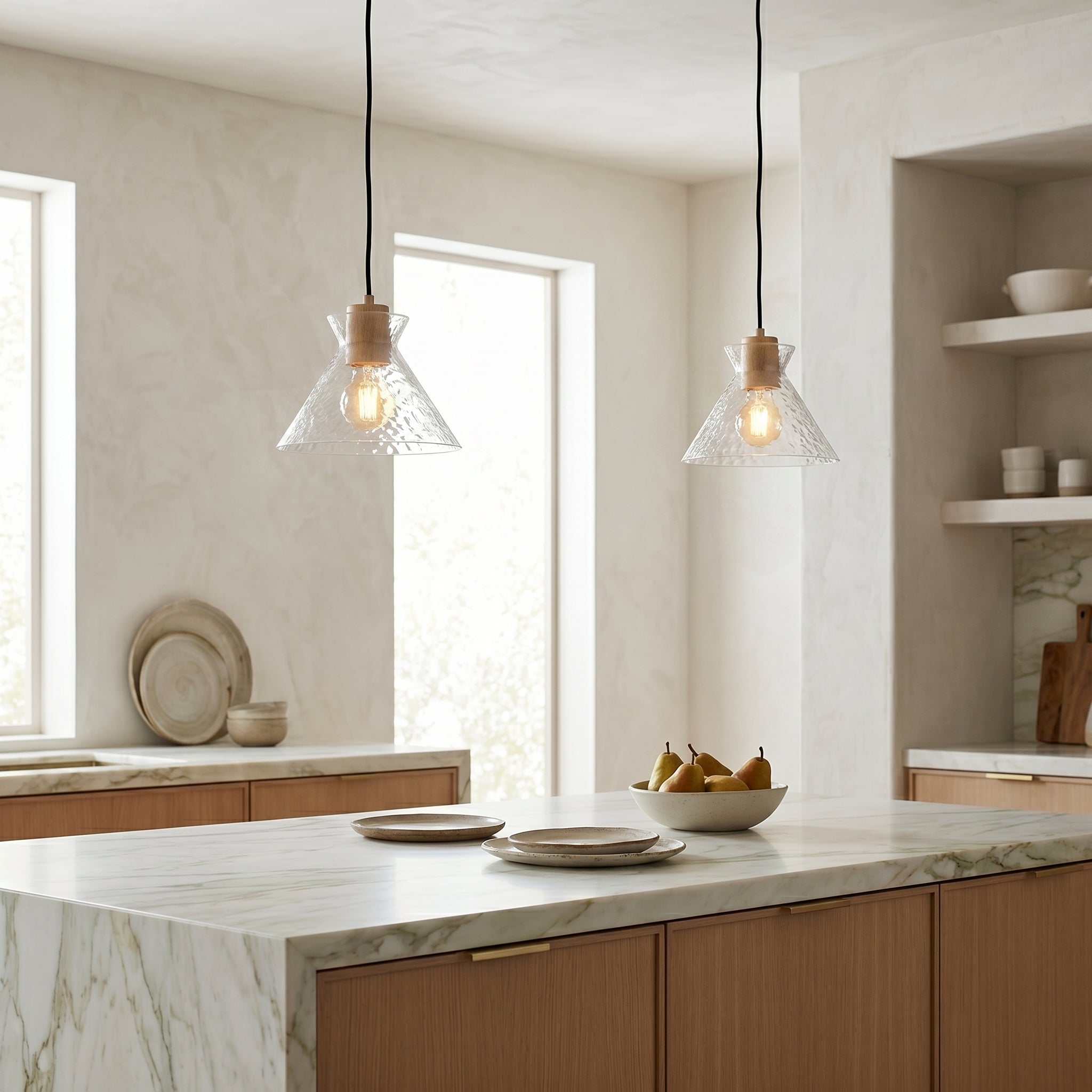 Szklana lampa wisząca Lumen Vale | Designerska lampa sufitowa z ręcznie dmuchanego szkła i drewna do kuchni oraz jadalni