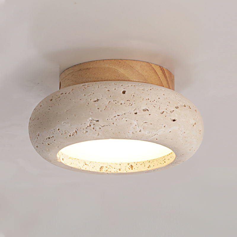 Mini lampa sufitowa LED Astra z trawertynu i drewna | Designerskie oświetlenie do korytarza, sypialni i garderoby
