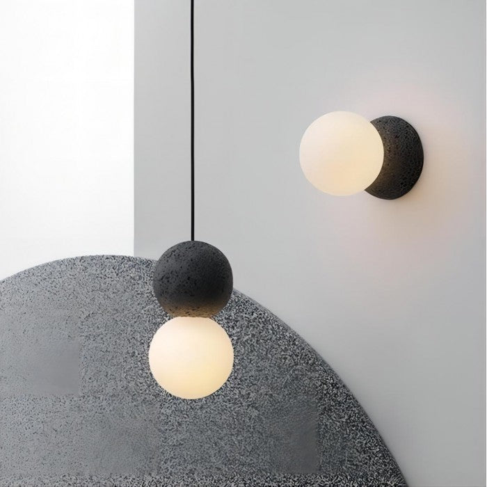 Lampa wisząca Origo z cementu | Designerska lampa sufitowa z kamienia i szkła do salonu i jadalni