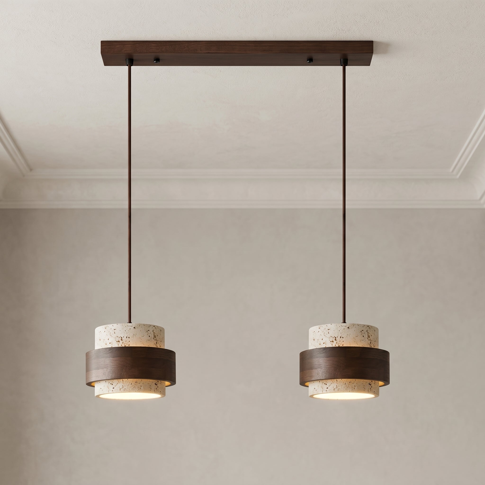 Lampa wisząca Cole z trawertynu | Designerska lampa sufitowa z naturalnego kamienia i drewna do salonu oraz jadalni