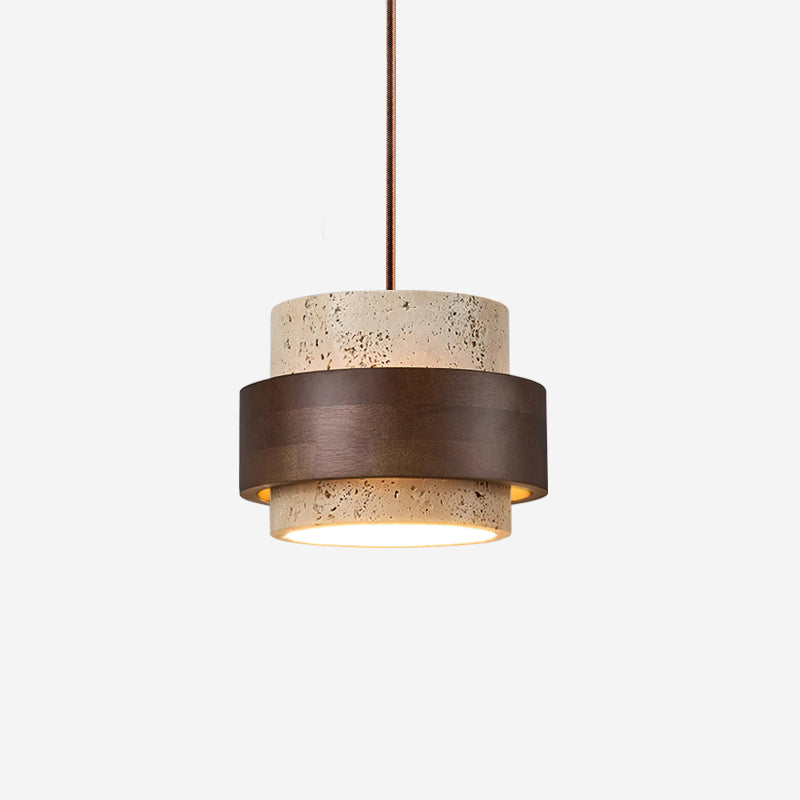 Lampa wisząca Cole z trawertynu | Designerska lampa sufitowa z naturalnego kamienia i drewna do salonu oraz jadalni