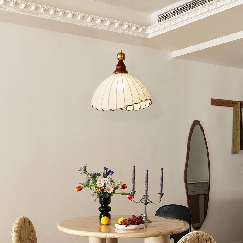 Lampa wisząca Eldora | Designerska lampa sufitowa z drewna i tkaniny do salonu i jadalni