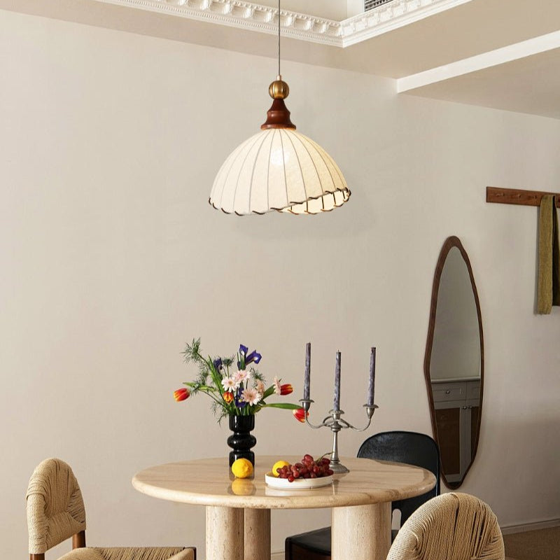 Lampa wisząca Eldora | Designerska lampa sufitowa z drewna i tkaniny do salonu i jadalni