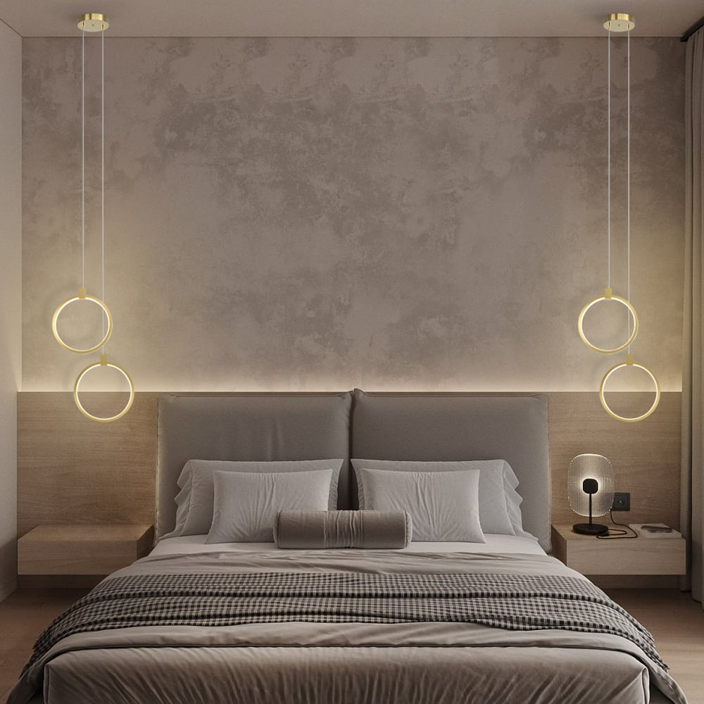 Lampa wisząca LED z okrągłymi pierścieniami | Designerska lampa sufitowa w kolorze złotego mosiądzu