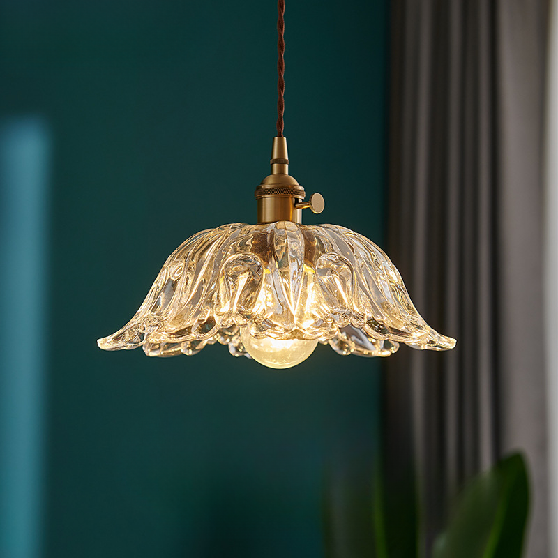 Szklana lampa wisząca kwiat | Designerska lampa sufitowa z miedzi i szkła do salonu, jadalni i sypialni