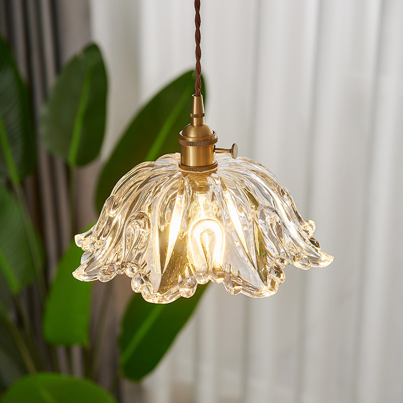Szklana lampa wisząca kwiat | Designerska lampa sufitowa z miedzi i szkła do salonu, jadalni i sypialni