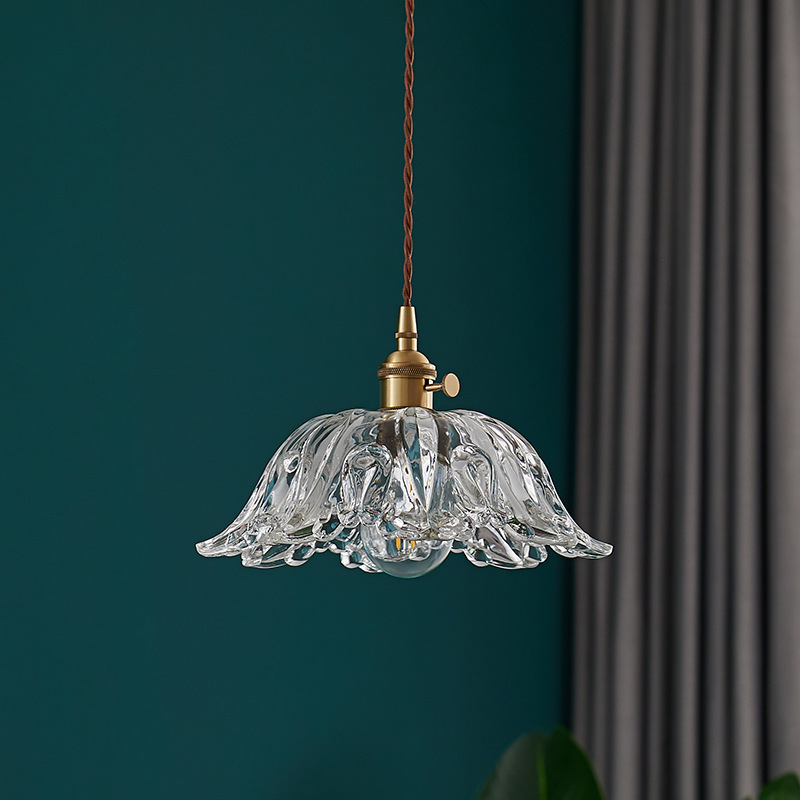 Szklana lampa wisząca kwiat | Designerska lampa sufitowa z miedzi i szkła do salonu, jadalni i sypialni