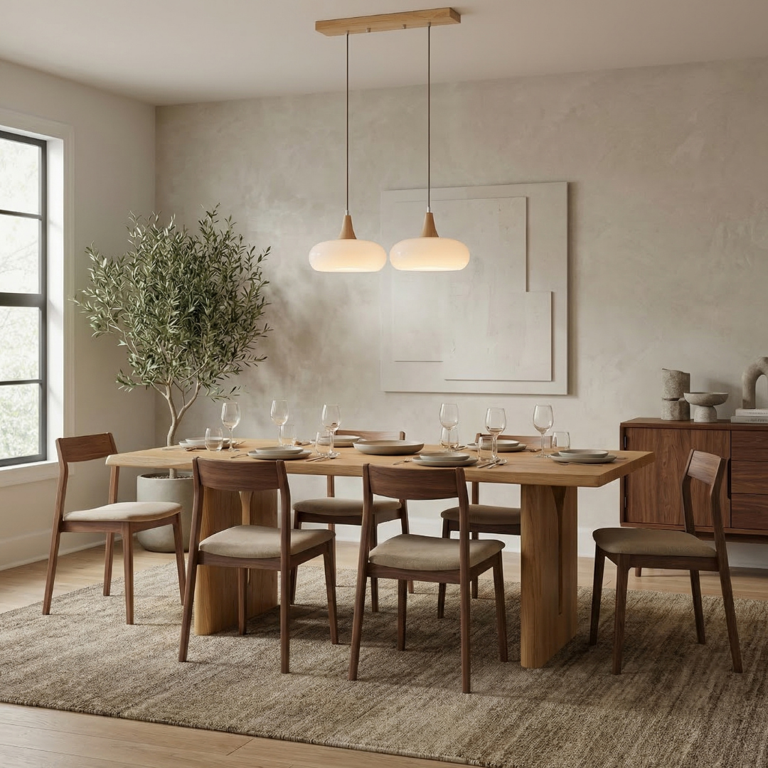Lampa wisząca Hailie | Designerska lampa sufitowa ze szkła i drewna do salonu, kuchni oraz jadalni
