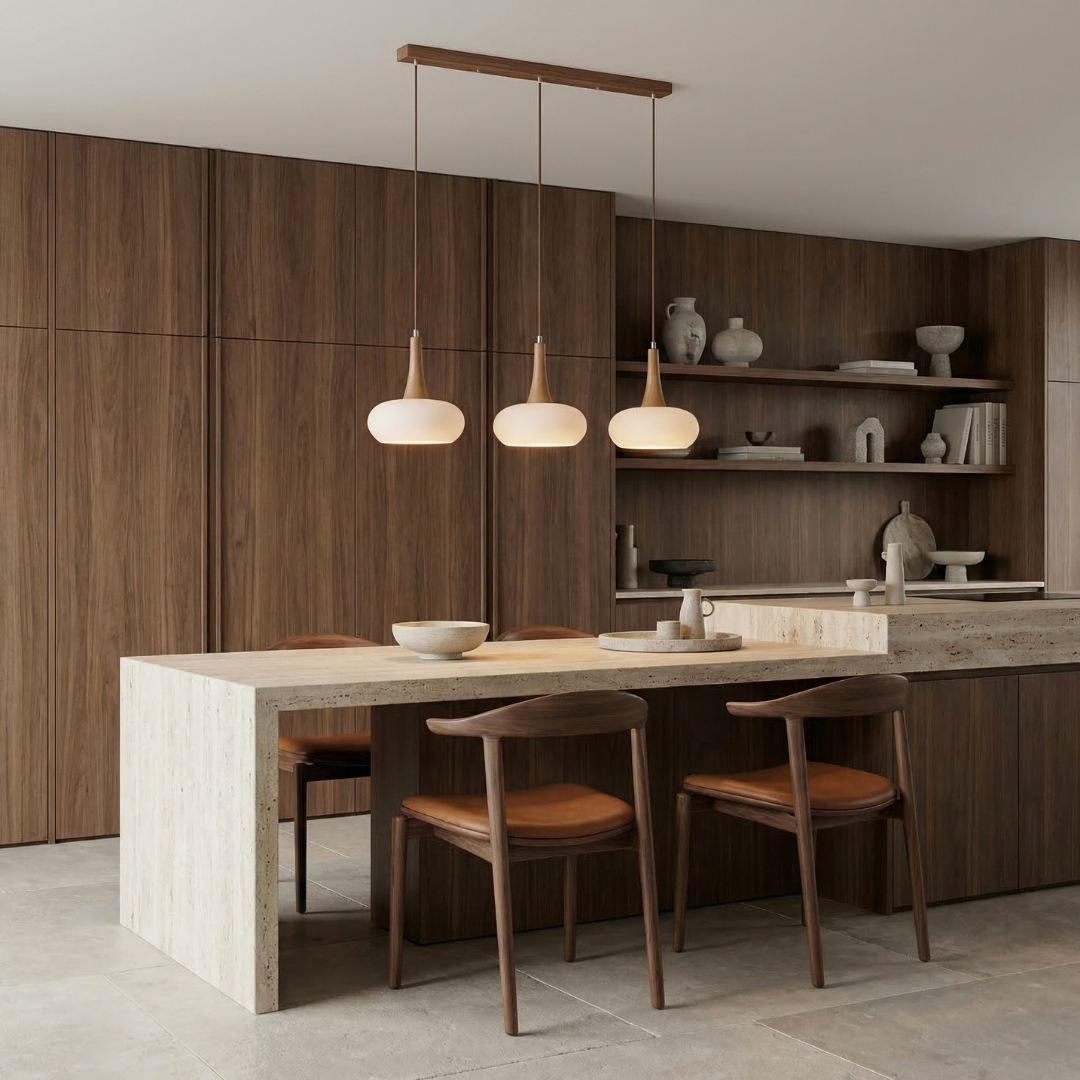 Lampa wisząca Hailie | Designerska lampa sufitowa ze szkła i drewna do salonu, kuchni oraz jadalni