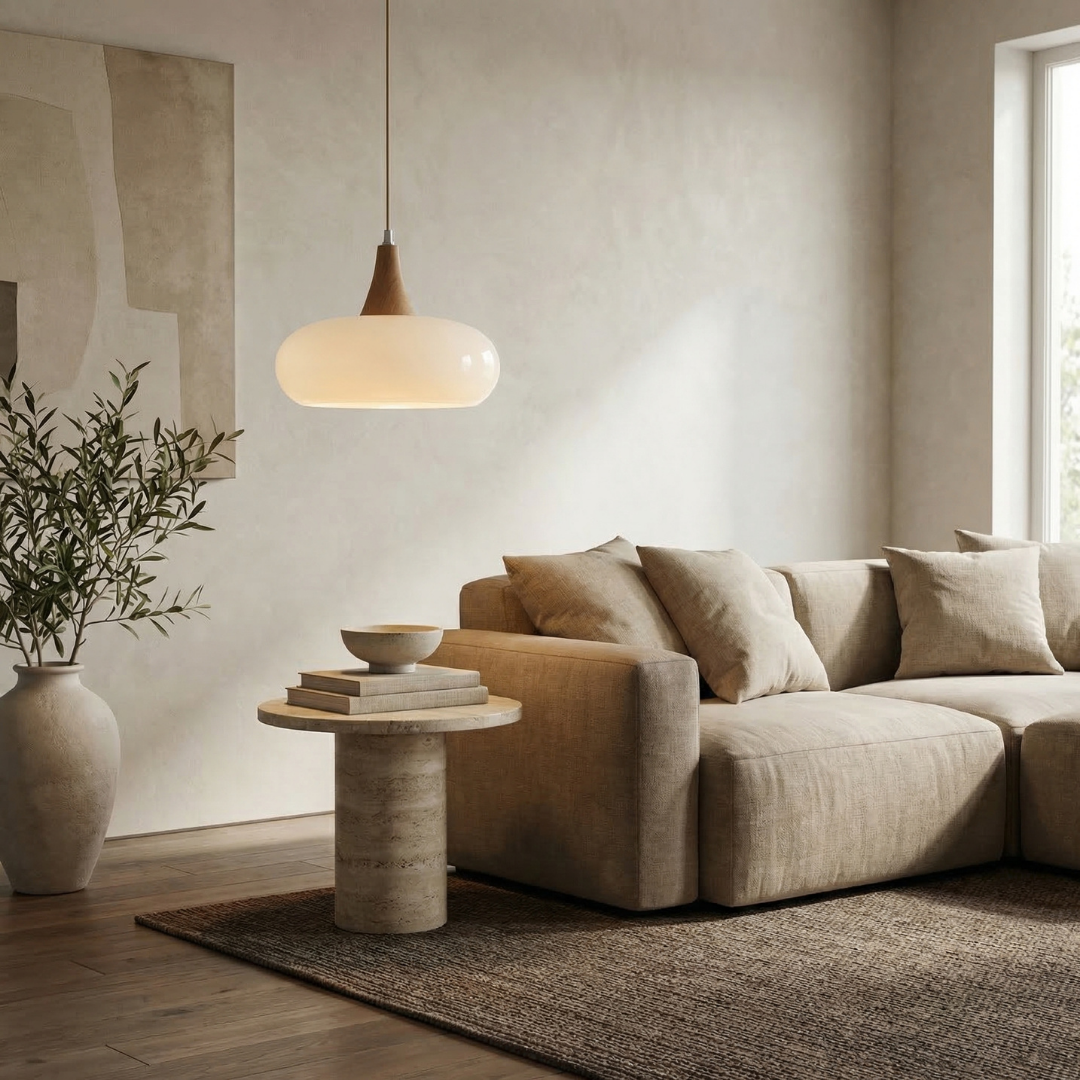 Lampa wisząca Hailie | Designerska lampa sufitowa ze szkła i drewna do salonu, kuchni oraz jadalni