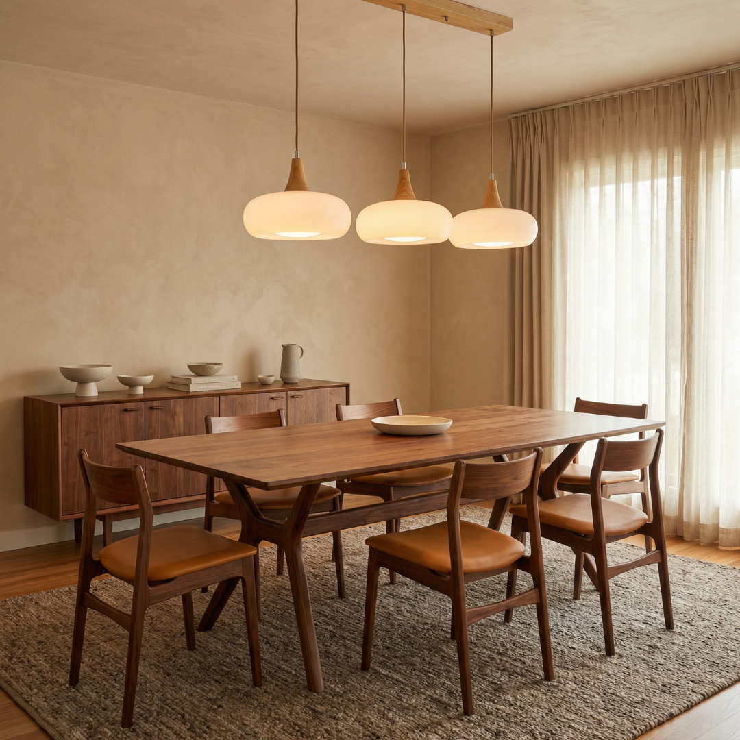 Lampa wisząca Hailie | Designerska lampa sufitowa ze szkła i drewna do salonu, kuchni oraz jadalni