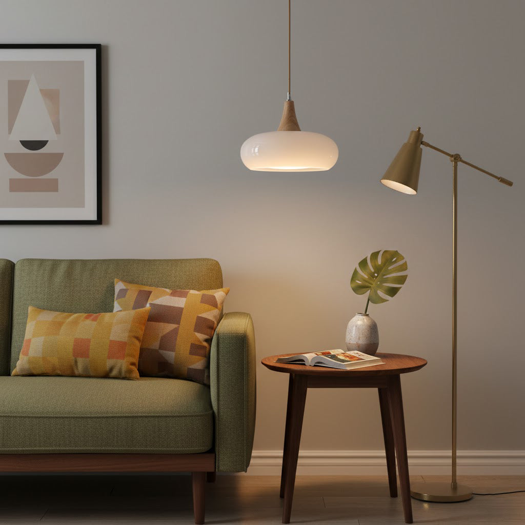 Lampa wisząca Hailie | Designerska lampa sufitowa ze szkła i drewna do salonu, kuchni oraz jadalni