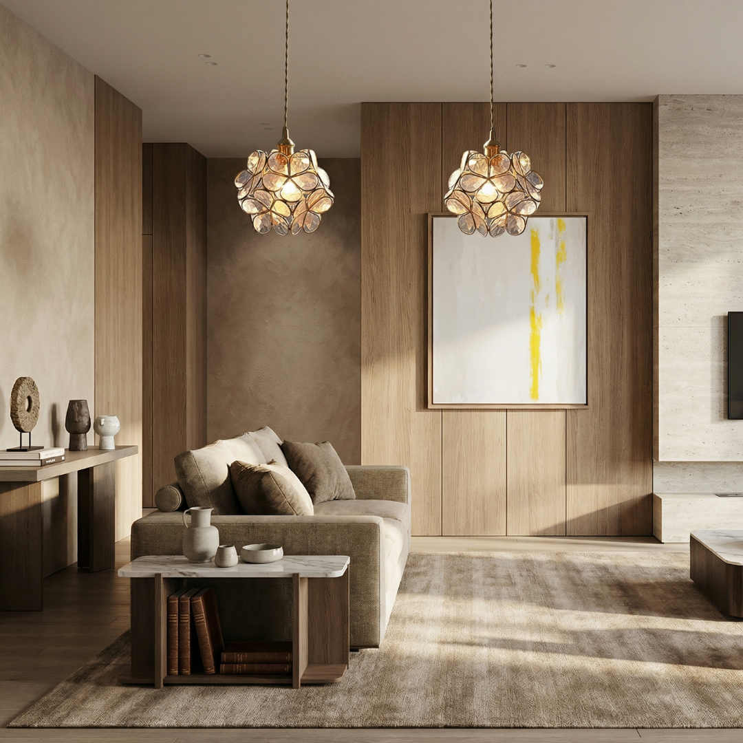 Lumen Collection | Szklana lampa wisząca z kloszem w kształcie płatków | Eleganckie oświetlenie do kuchni, jadalni i przedpokoju