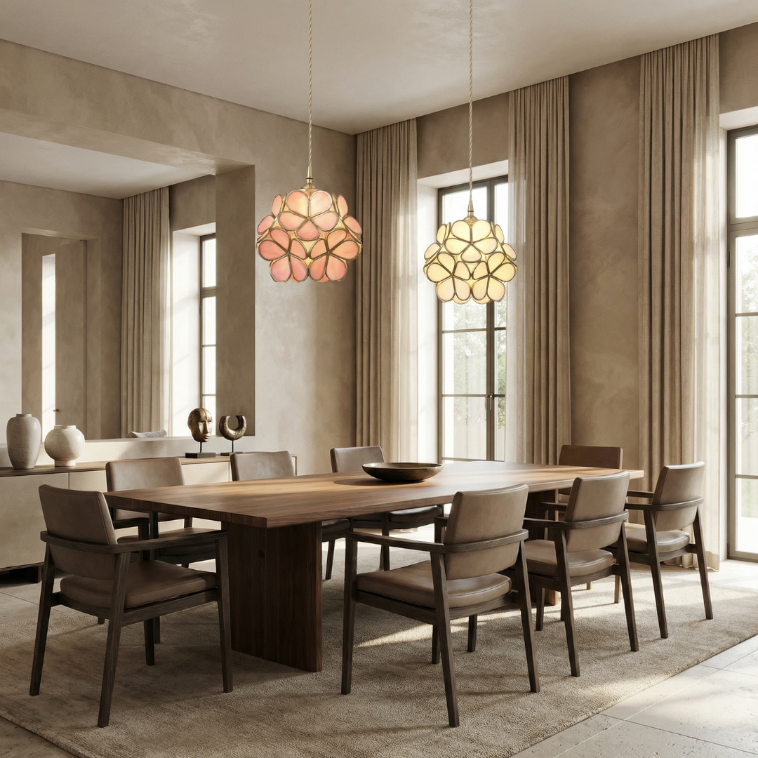 Lumen Collection | Szklana lampa wisząca z kloszem w kształcie płatków | Eleganckie oświetlenie do kuchni, jadalni i przedpokoju