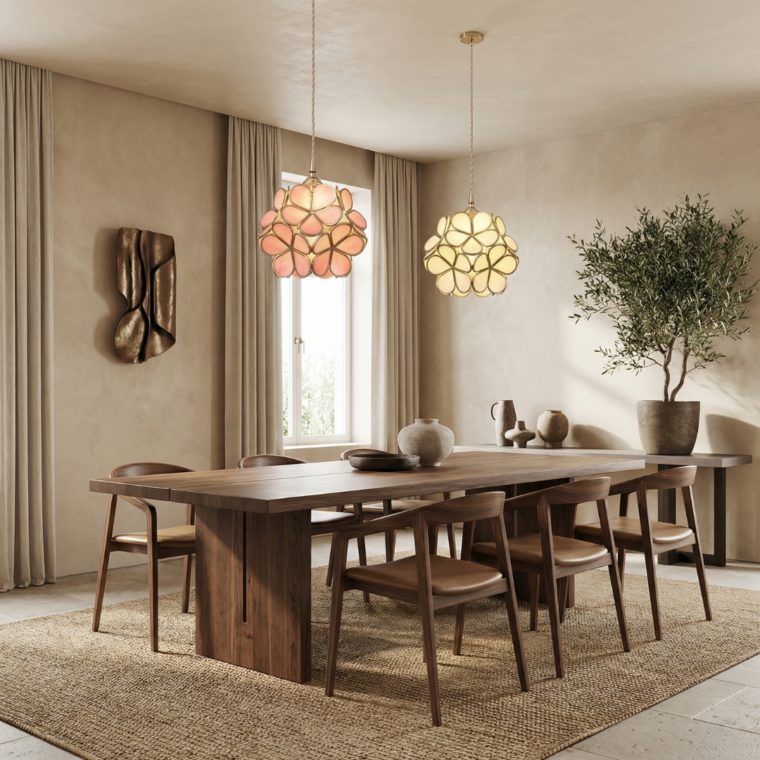 Lumen Collection | Szklana lampa wisząca z kloszem w kształcie płatków | Eleganckie oświetlenie do kuchni, jadalni i przedpokoju