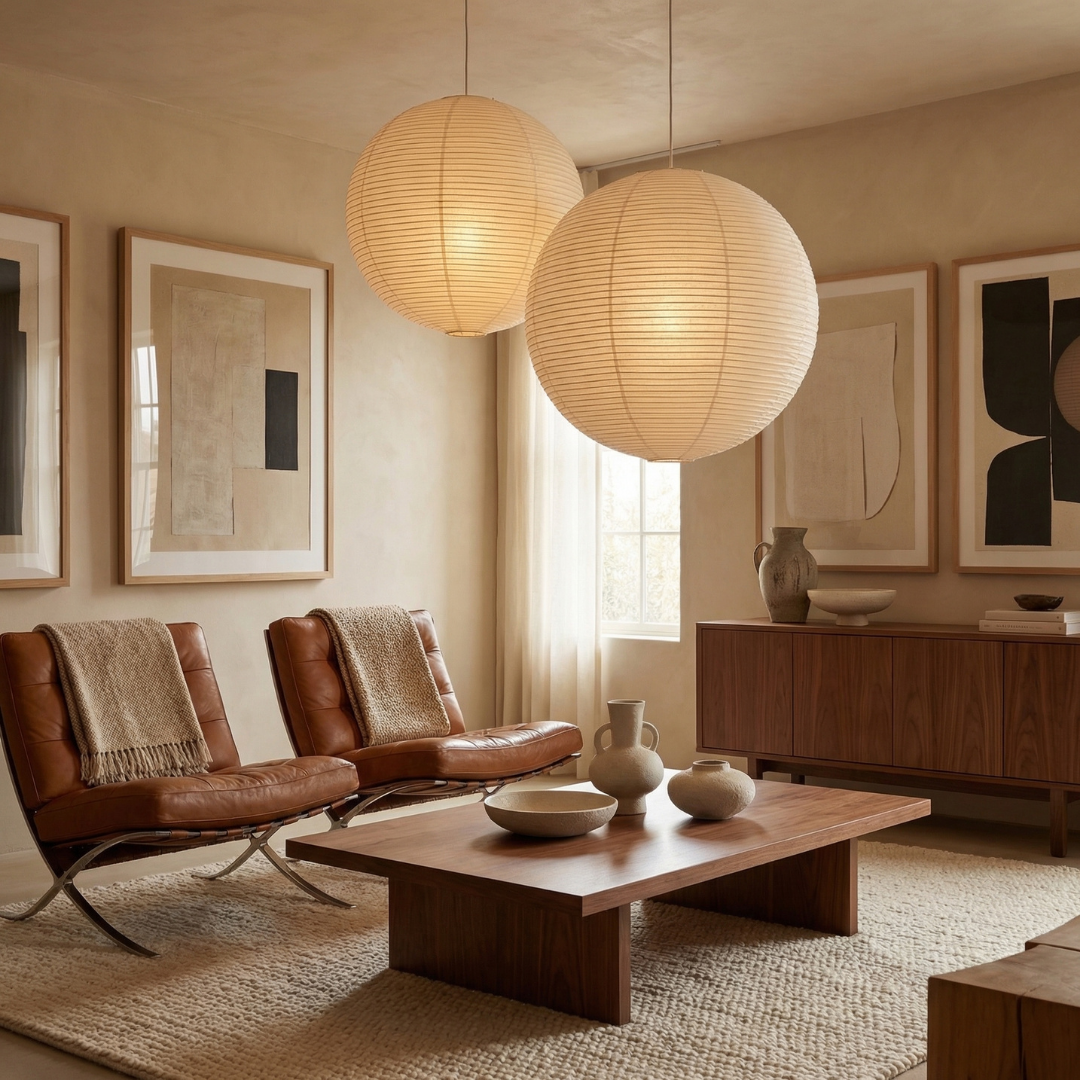 Lumen Collection | Papierowa lampa wisząca w stylu japandi | Ciepłe oświetlenie do salonu, sypialni i jadalni
