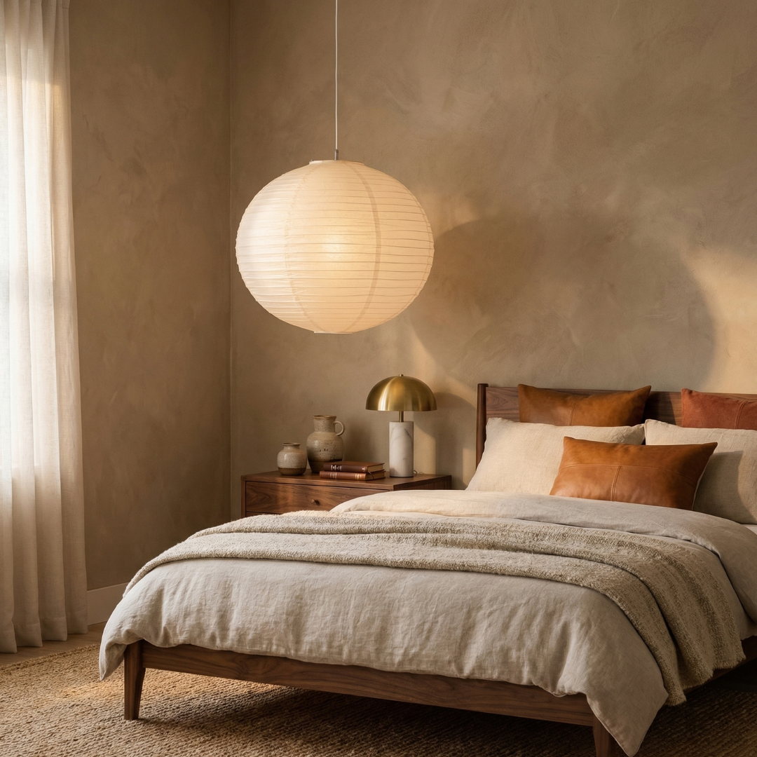 Lumen Collection | Papierowa lampa wisząca w stylu japandi | Ciepłe oświetlenie do salonu, sypialni i jadalni