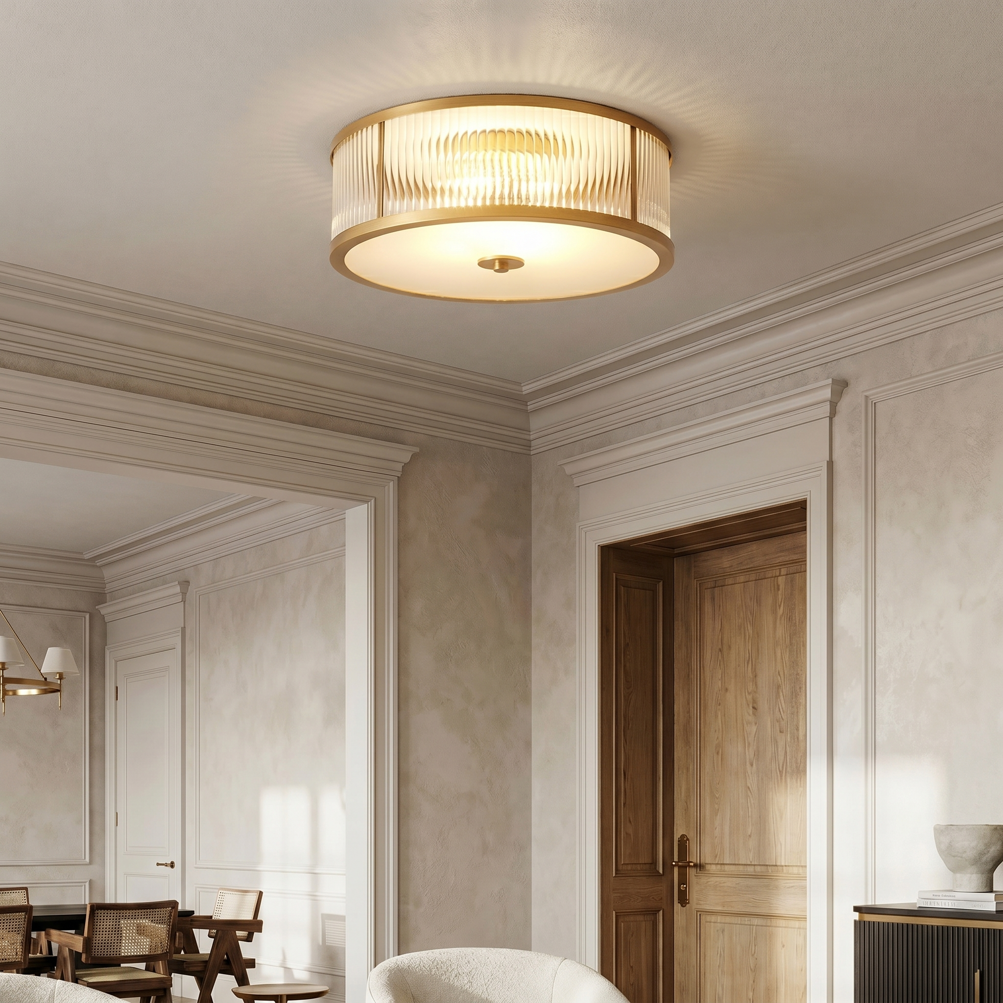 Ryflowana szklana lampa sufitowa | Designerska lampa w stylu vintage do salonu, kuchni i przedpokoju