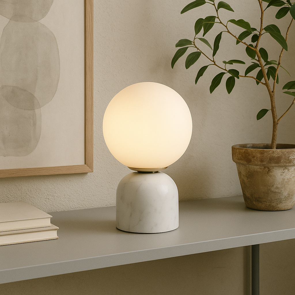 Elegant | Lampa Stołowa z Matowego Szkła i Marmuru – Designerska Lampka do Salonu i Sypialni