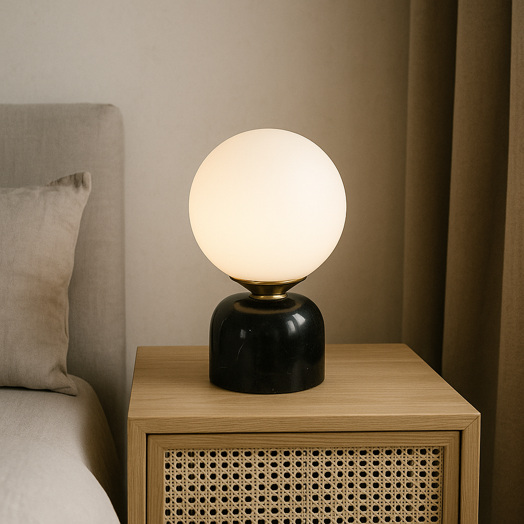 Elegant | Lampa Stołowa z Matowego Szkła i Marmuru – Designerska Lampka do Salonu i Sypialni