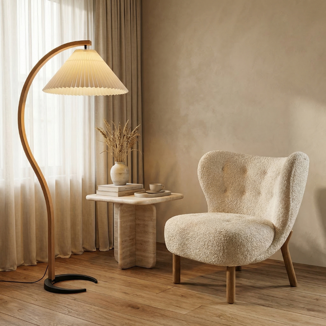Lumen Caprani | Drewniana Lampa Podłogowa z Lnianym Kloszem i Zakrzywionym Designem