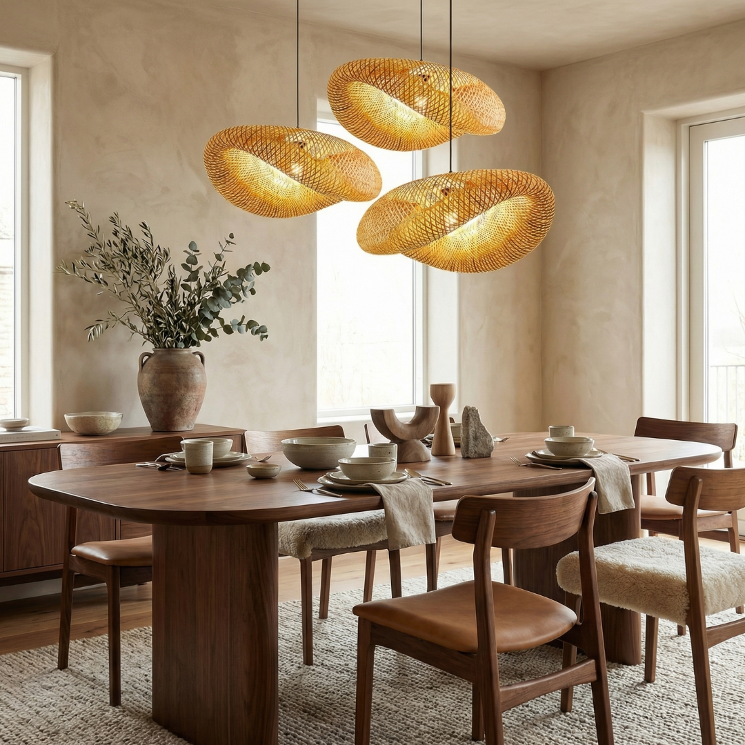 Lumen Collection | Ręcznie pleciona bambusowa lampa wisząca | Naturalne ciepłe oświetlenie do kuchni i salonu