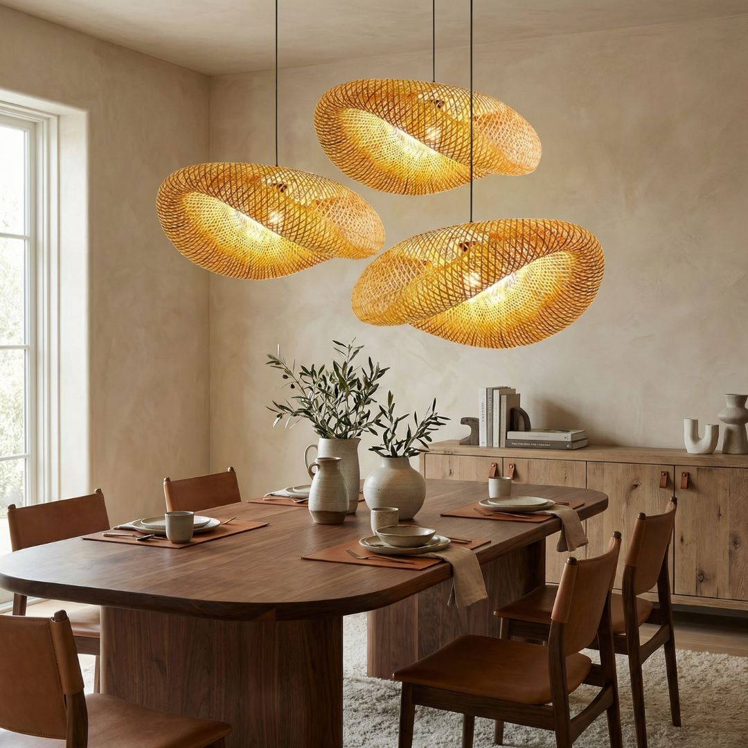 Lumen Collection | Ręcznie pleciona bambusowa lampa wisząca | Naturalne ciepłe oświetlenie do kuchni i salonu