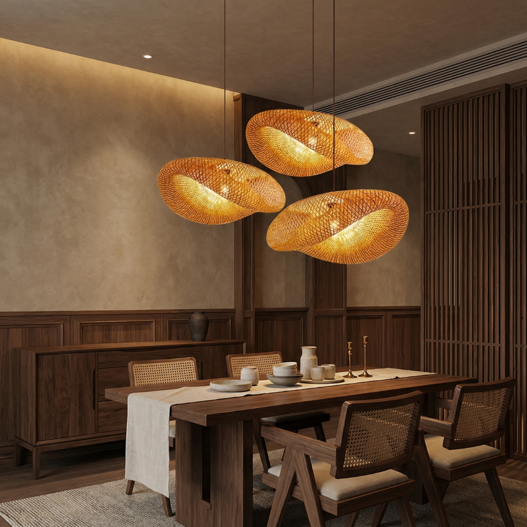 Lumen Collection | Ręcznie pleciona bambusowa lampa wisząca | Naturalne ciepłe oświetlenie do kuchni i salonu
