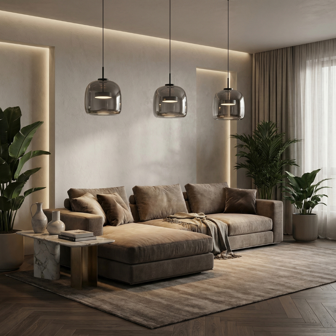 Lumen Collection | Lampa wisząca z przydymionego szkła z eleganckim kloszem kopułowym do nowoczesnej kuchni i jadalni