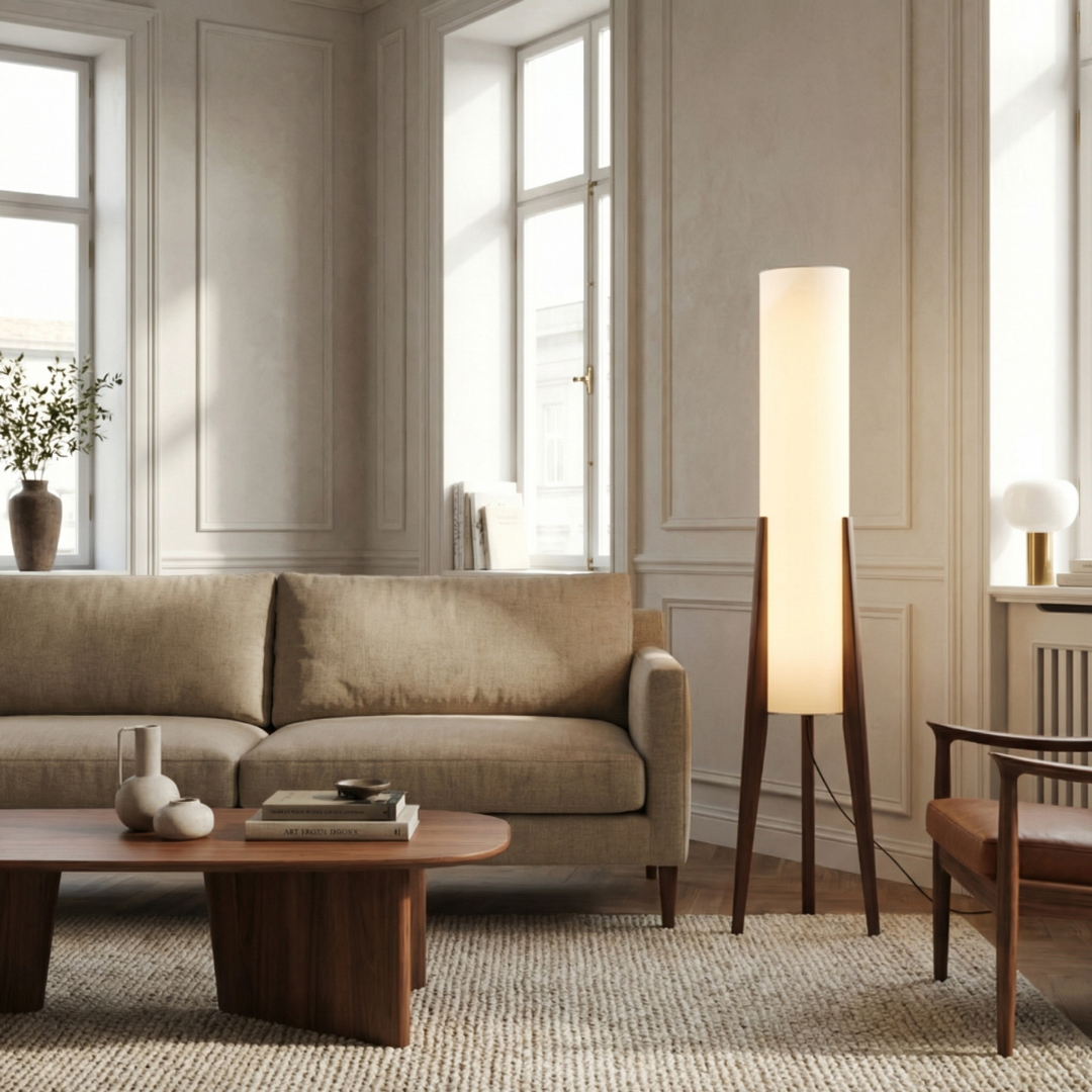 Lumen Collection | Walnut Floor Lamp with Dimmable Function for Cozy Living Room Ambiance