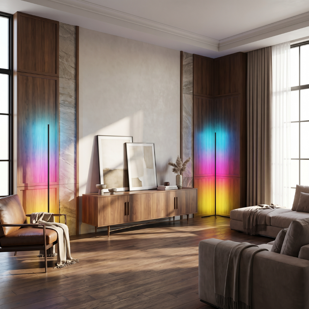 Lumen Collection | Slim Corner LED Floor Lamp for Living Rooms