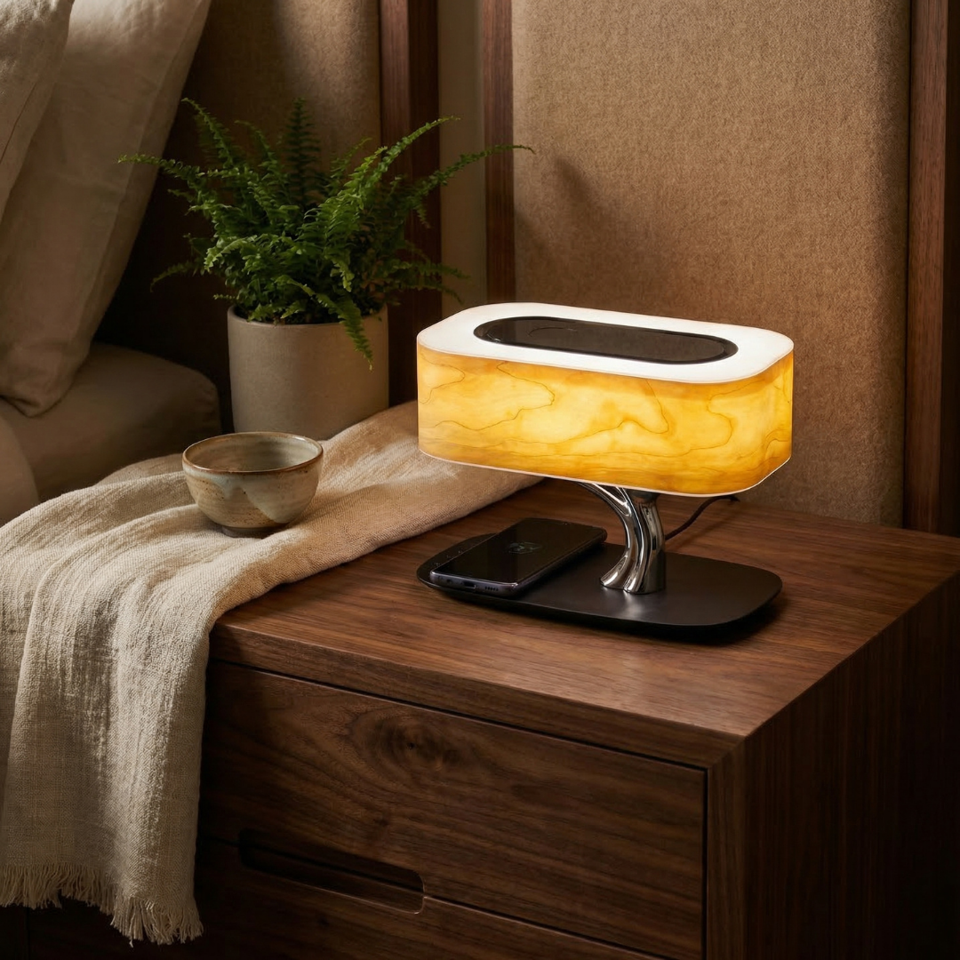 Lumen Collection | Przytulna, inteligentna lampa stołowa do nowoczesnych wnętrz z głośnikiem Bluetooth i ładowaniem bezprzewodowym