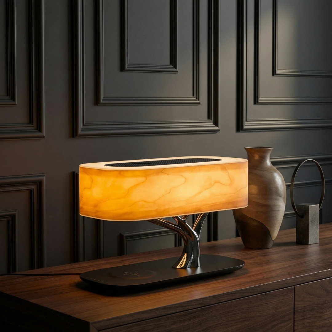 Lumen Collection | Przytulna, inteligentna lampa stołowa do nowoczesnych wnętrz z głośnikiem Bluetooth i ładowaniem bezprzewodowym