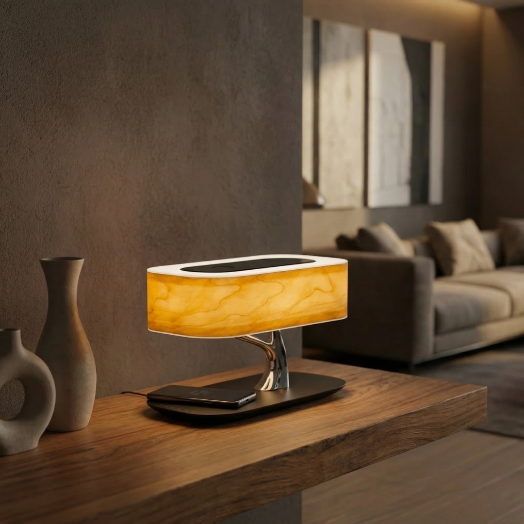 Lumen Collection | Przytulna, inteligentna lampa stołowa do nowoczesnych wnętrz z głośnikiem Bluetooth i ładowaniem bezprzewodowym