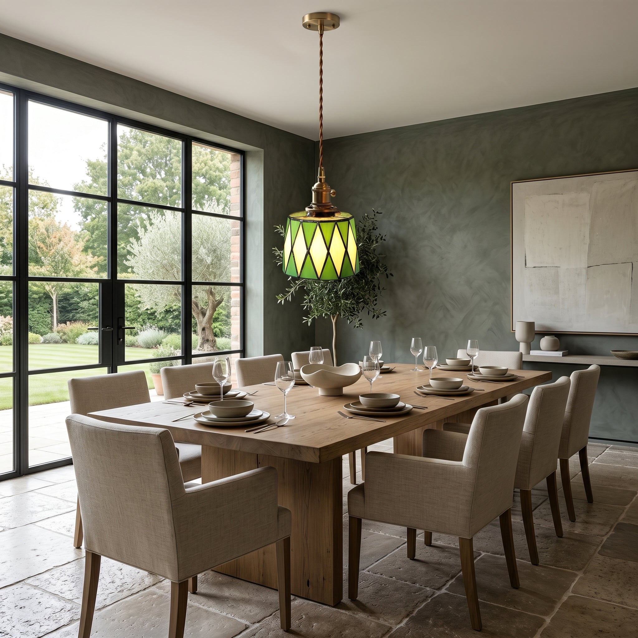 Lampa wisząca z witrażowego szkła | Designerska lampa z mosiądzu do kuchni, jadalni i salonu