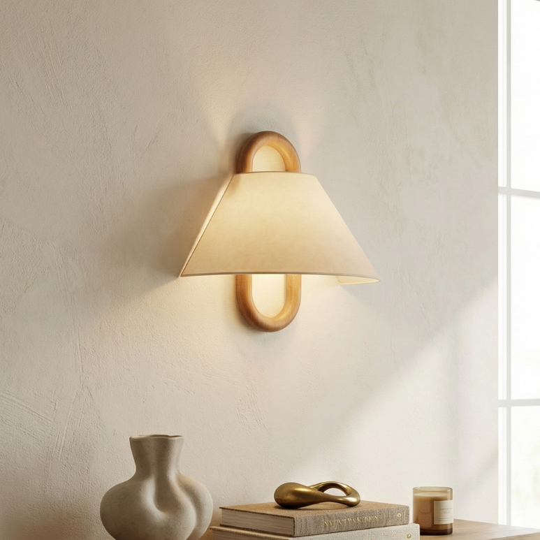 Lumen Collection | Wooden Wall Sconce with Fabric Shade for Soft Ambient Light