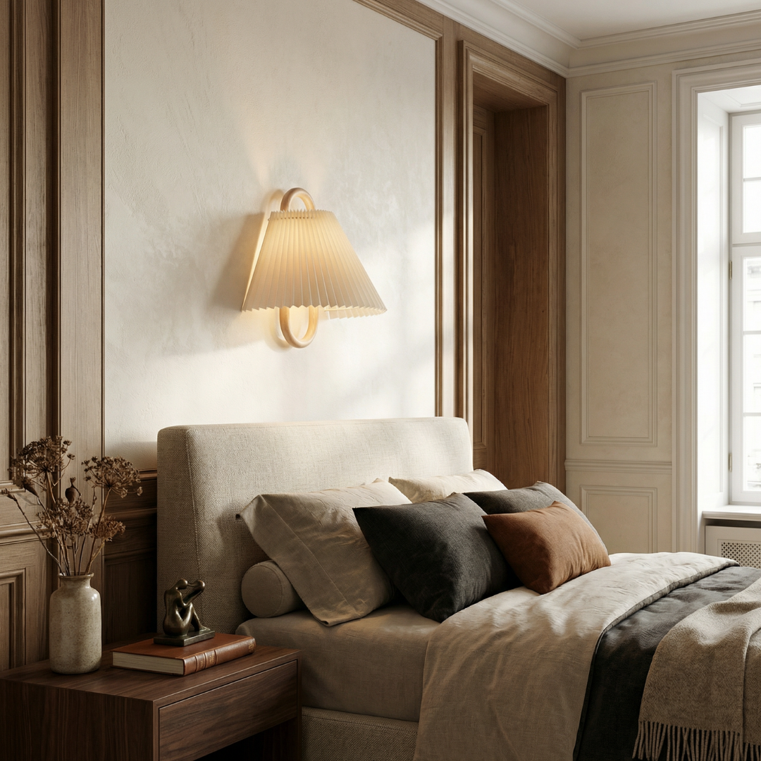 Lumen Collection | Wooden Wall Sconce with Fabric Shade for Soft Ambient Light