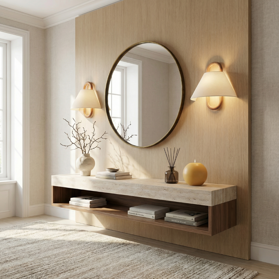 Lumen Collection | Wooden Wall Sconce with Fabric Shade for Soft Ambient Light