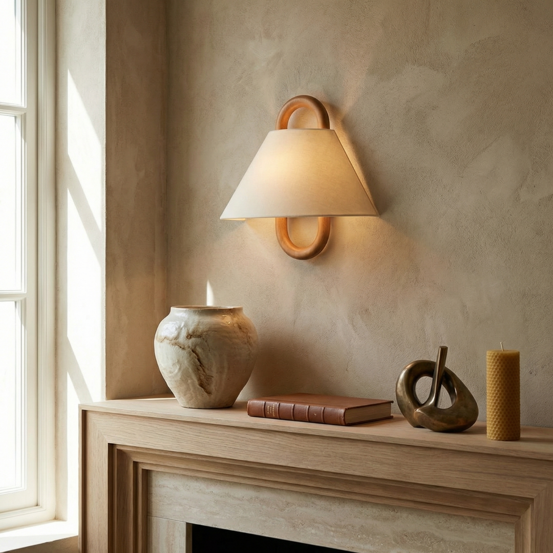 Lumen Collection | Wooden Wall Sconce with Fabric Shade for Soft Ambient Light