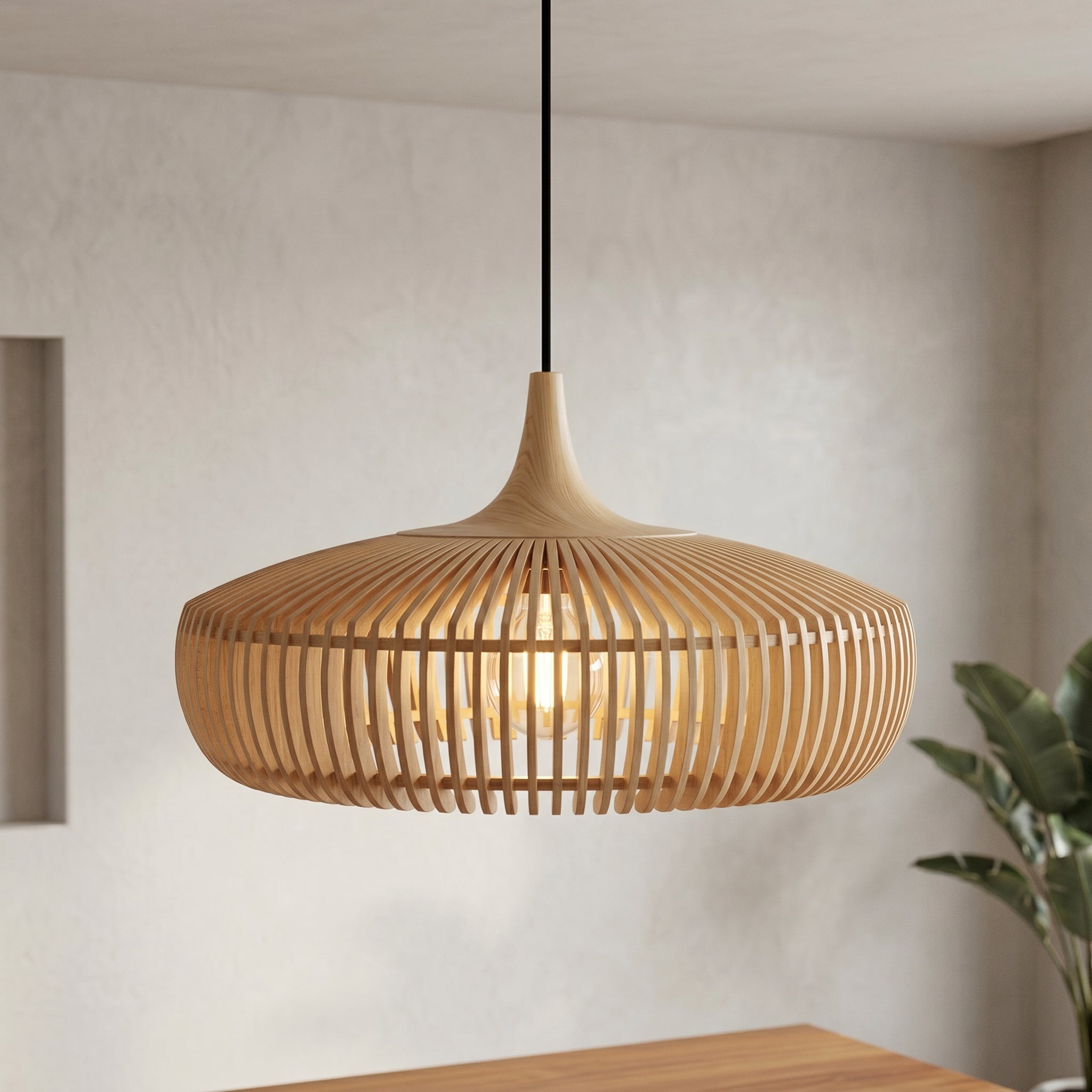 Lumen Hinori | Drewniana lampa wisząca Japandi – minimalistyczny design, ciepłe światło, lite drewno